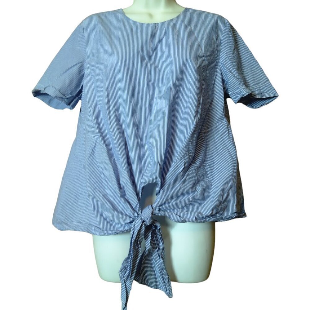 Ann Taylor Factory Striped Short Sleeve Tie Knot Front Blouse Size Medium Preppy